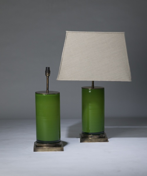 Pair Of Medium Grass Green 'glass Column' Lamps On Distressed Brass Bases