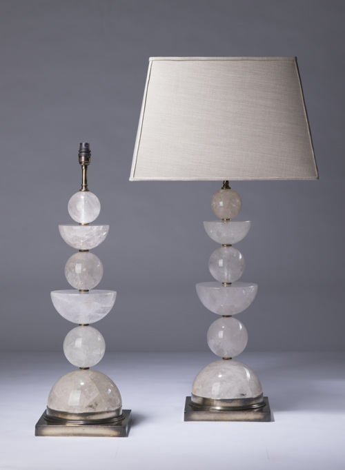 Pair Of Large Clear Rock Crystal 'abstract' Lamps On Distressed Brass Bases