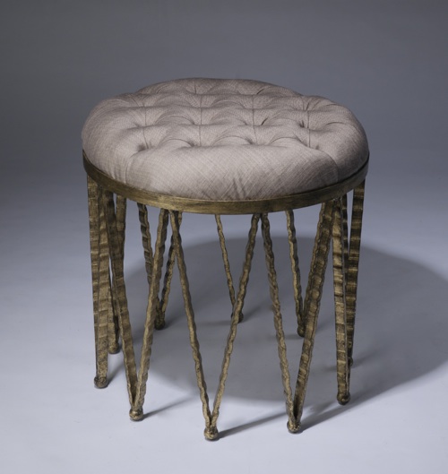 Medium Round Wrought Iron 'crown' Stool In Distressed Gold Leaf Finish With Natural Linen Upholstery