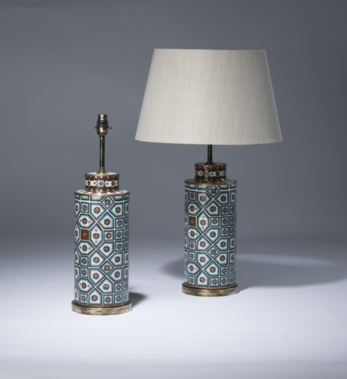 Pair Of Medium Blue Brown Metal Pot Lamps On Distressed Brass Bases