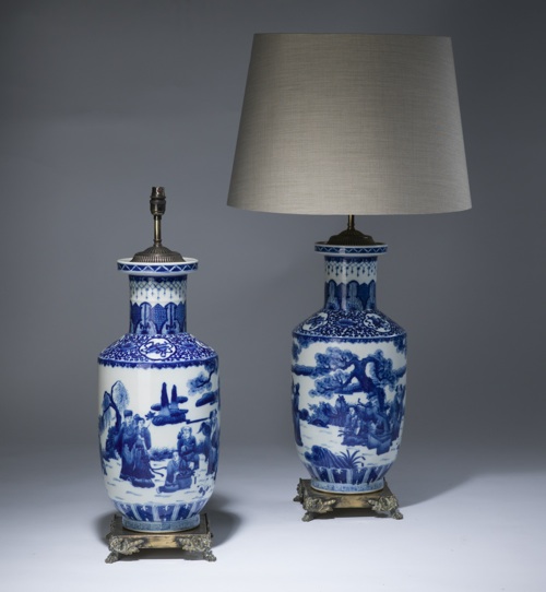 Pair Of Large Antique Blue & White Ceramic Lamps On Distressed Bronze Bases