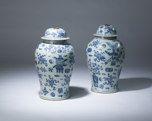 Pair Of Medium Blue & White Vases With Lidded Ring Tops