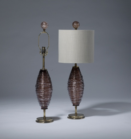 Pair Of Small Dusty Purple Brown Swirl Glass Lamps On Distressed Brass Bases
