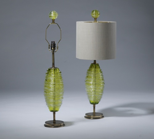 Pair Of Small Lime Green Swirl Glass Lamps On Distressed Brass Bases