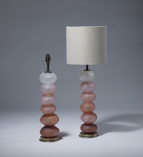 Pair Of Medium Graduated Pink White Frosted Glass Pebble Lamps On Distressed Brass Bases