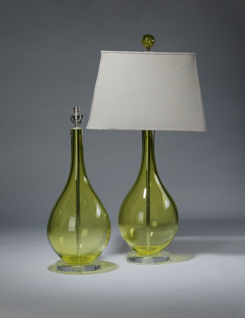 Pair Of Large Lime Green Teardrop Shaped Glass Lamps On Perspex Bases With Matching Finials