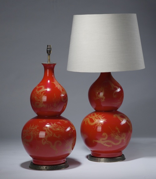 Pair Of Large Red Gold Chinese Double-gourd Ceramic Lamps On Distressed Brass Bases