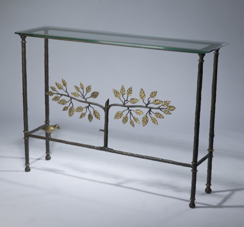 Wrought Iron 'tree Of Life' Console Table In Brown Bronze, with 10mm glass top  Distressed Gold Leaf Highlight Finish With Glass Top