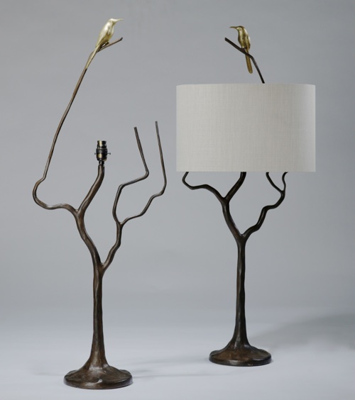 Pair Of Large 'humming Bird And Tree' Lamps In Brown Bronze,  Distressed Gold Leaf Highlight Finish