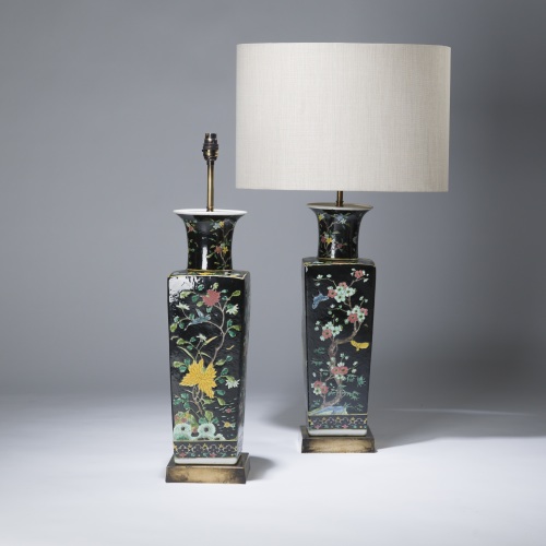 Pair Of Large Black Chinese Ceramic Lamps On Distressed Brass Bases
