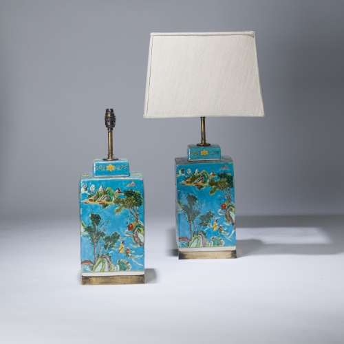 Pair Of Medium Bright Blue Chinese Ceramic Lamps On Distressed Brass Bases