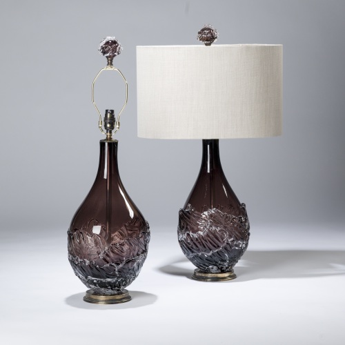 Pair Of Medium Purple Glass Teardrop 'splash' Lamps On Distressed Brass Bases