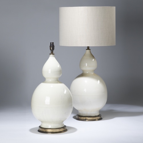 Pair Of Large Off White/ Cream Double Gourd Ceramic Lamps On Distressed Brass Bases
