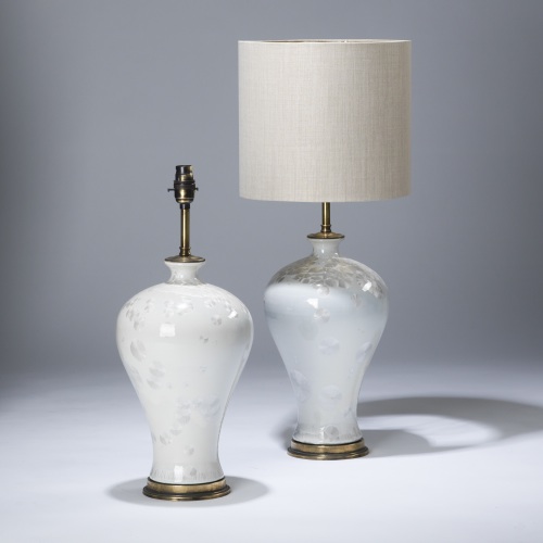 Pair Of Small White Pearl Glazed Ceramic Lamps On Distressed Brass Bases