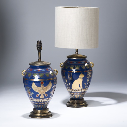 Pair Of Small Blue Egyptian Lamps On Distressed Brass Bases