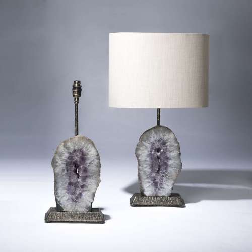 Pair Of Small Oval Purple Amethyst Slices On Textured Distressed Brass Bases