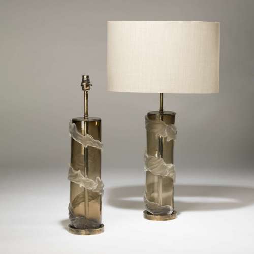 Pair Of Medium Brown Frosted Trail Lamps On Distressed Brass Bases