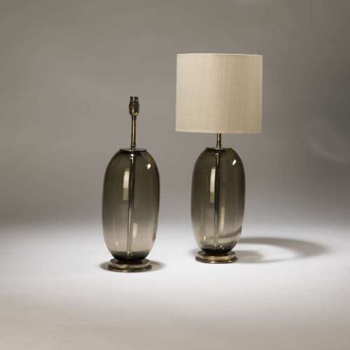 Pair Of Medium Smoke Brown 'peanut' Shaped Glass Lamps On Distressed Brass Bases