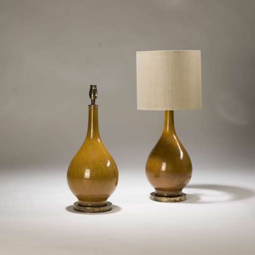 Pair Of Small Ginger Teardrop Shaped Ceramic Lamps On Distressed Brass Bases