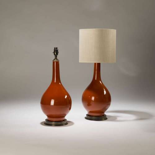 Pair Of Small Red Orange Ceramic Teardrop Shaped Lamps On Distressed Brass Bases