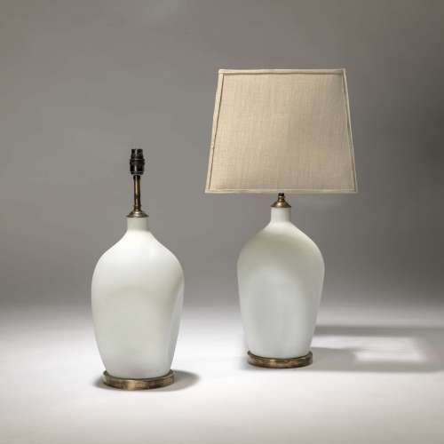 Pair Of Small Opaque White Glass Lamps On Distressed Brass Bases