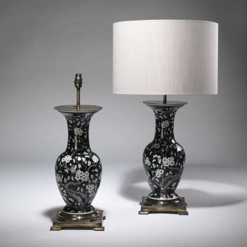 Pair Of Medium Black And White Chinese Flower Ceramic Lamps On Distressed Brass Bases