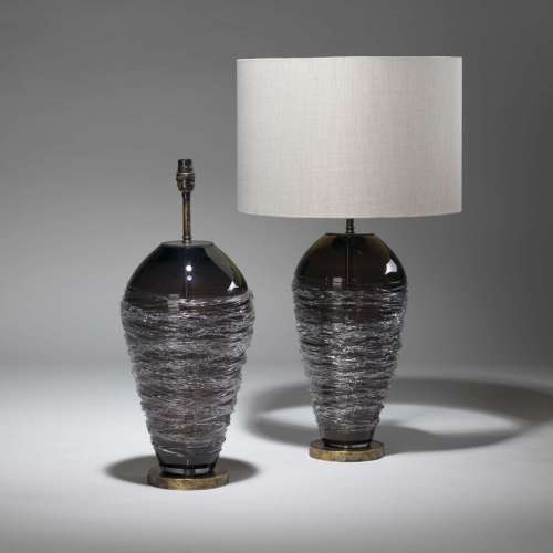 Pair Of Large Grey, Purple Threaded Glass Lamps On Distressed Brass Bases