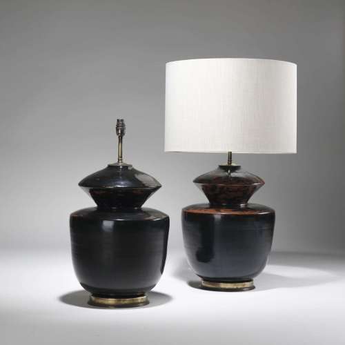 Pair Of Large Black, Brown Ceramic Double Gourd  Vases On Distressed Brass Bases