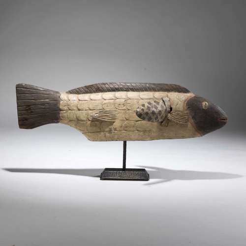 Antique African Wooden Tribal Fish On Bronze Stand
