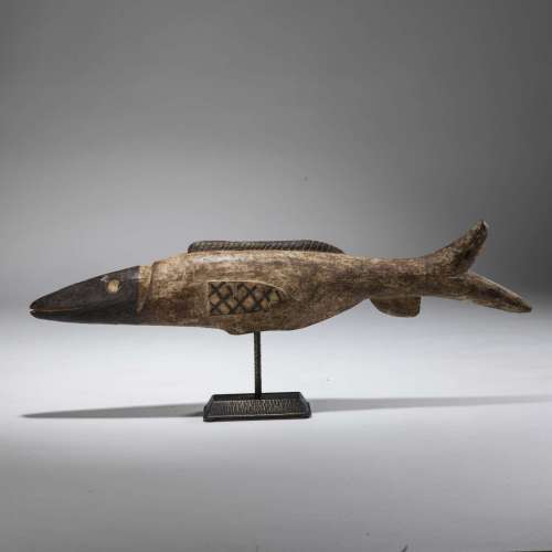 Antique African Wooden Tribal Fish On Bronze Stand