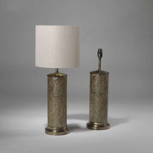 Pair Of Medium Hand Painted Cherry Blossom Lamps With Brass Bases