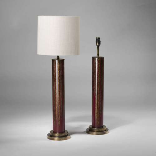 Pair Of Medium Metal Red Hand Painted 'pine' Column Lamps On Brass Bases