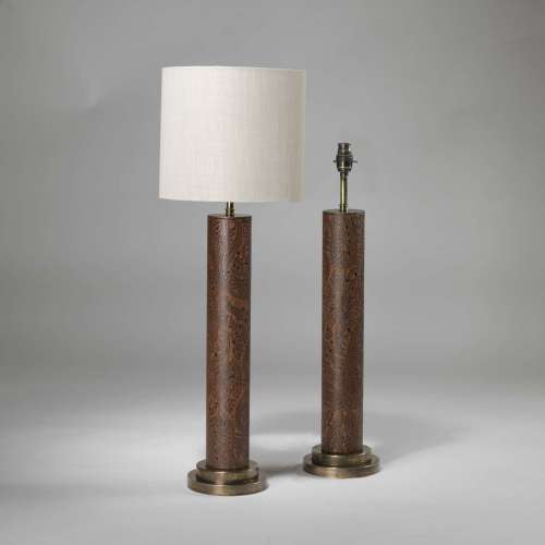 Pair Of Medium Brown Leather Paisley Lamps On Brass Bases