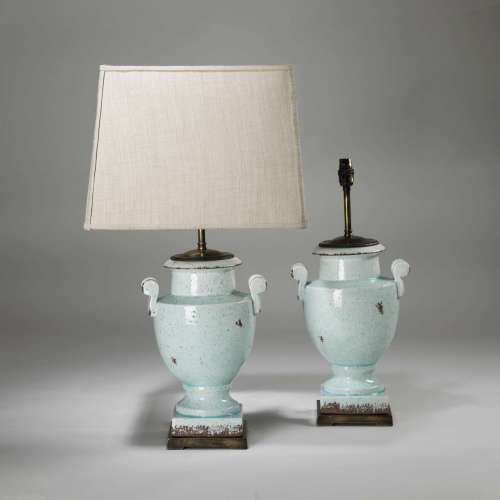 Pair Of Small Blue Glazed Ceramic Urn Lamps On Brass Bases