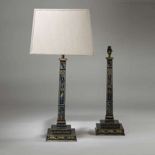 Pair Of Tall Wooden Navy Blue Chinoiserie Lamps