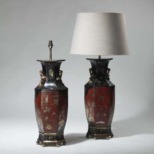 Pair Of Large Red And Black Hand Painted Chinoiserie Vase Lamps On Brass Bases