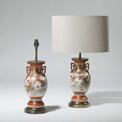 Pair Of Small Red Orange Oriental Chinoiserie Vase Lamps On Brass Bases