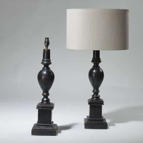 Pair Of Medium Black Wooden Carved Lamps
