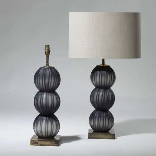 Pair Of Small Black Stacked Blown Glass Balls On Square Brass Bases