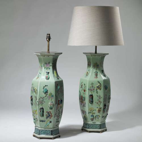 Pair Of Large Green Oriental Chinoiserie Ceramic Lamps On Brass Bases