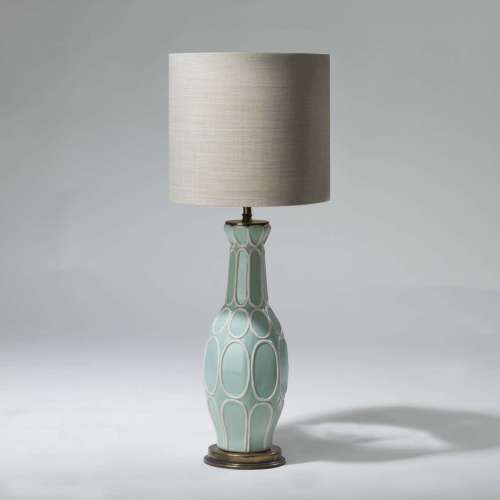 Single Small Pale Green And White Ceramic Lamp On Brass Bases