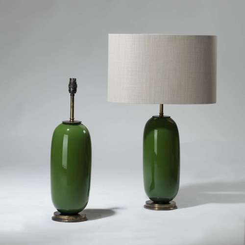 Pair Of Small Green 'peanut' Glass Lamps On Brass Bases