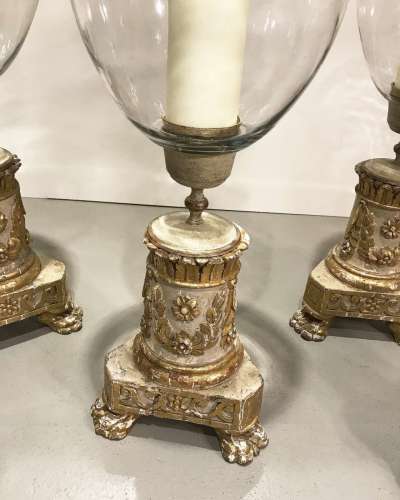Set Of Four Storm Lights With Circa 1820 French Giltwood Bases And Modern Glass Shades