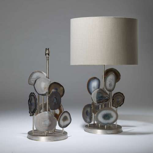 Pair Of Large Staggered Grey Agate Lamps With Silver Leaf Finish On Round Bases