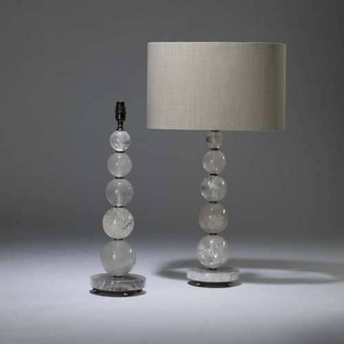 Pair Of Medium Rock Crystal 5 Ball Stacked Lamps On Round Rock Crystal Bases