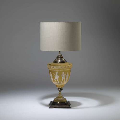 Single Large C1880 English Antique Yellow Glass Lamp On Brass Base