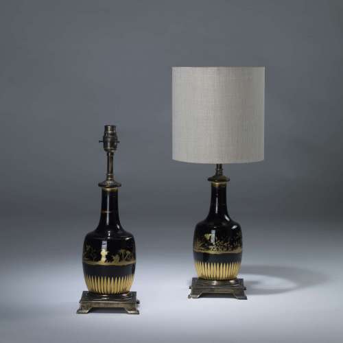 Pair Of Small Black Antique Glass Chinoiserie Decanter Lamps On Brass Bases