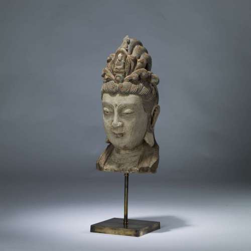 Large Wooden Buddha Head On Brass Base
