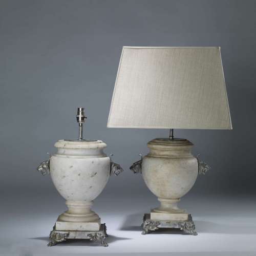 Pair Of Large White Marble Urn Lamps On Silvered Bronze Bases