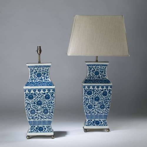 Pair Of Large Blue And White Ceramic Rectangle Lamps On Brass Ball Bases